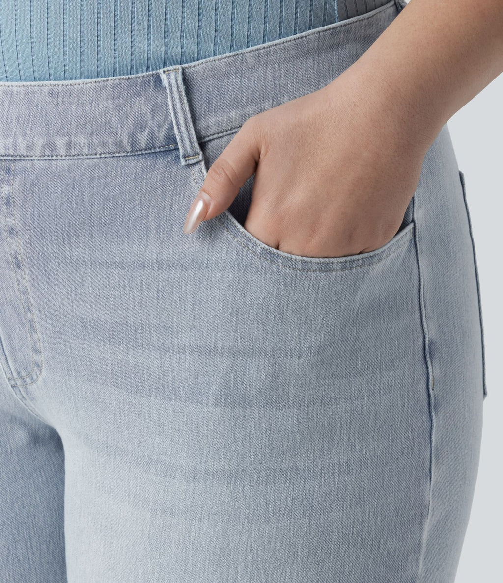 Jean décontracté Halara Flex™ grande taille, taille haute, multiples poches, jambes droites, effet délavé, en maille extensible
