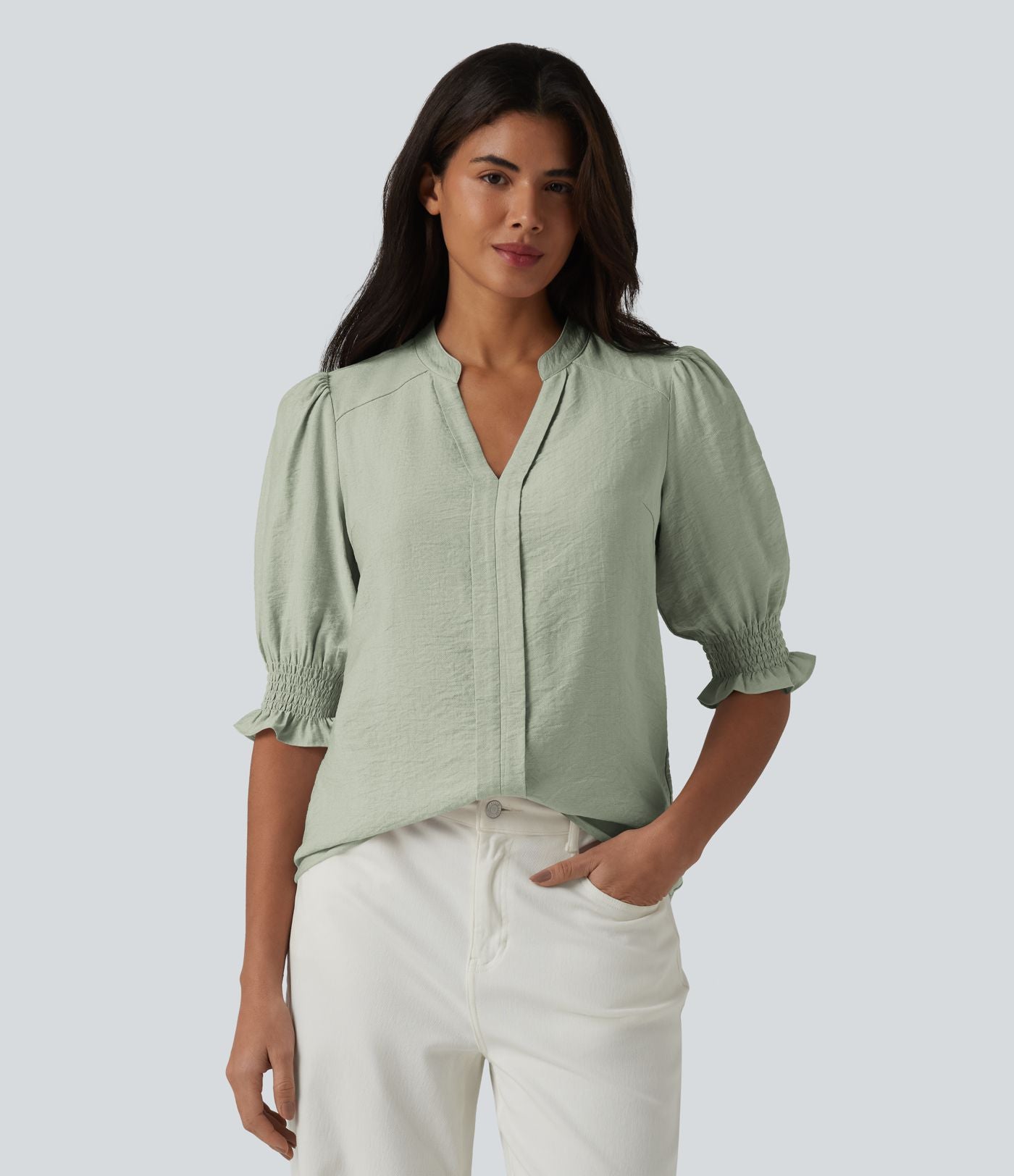 Blouse décontractée à col en V et manches courtes bouffantes