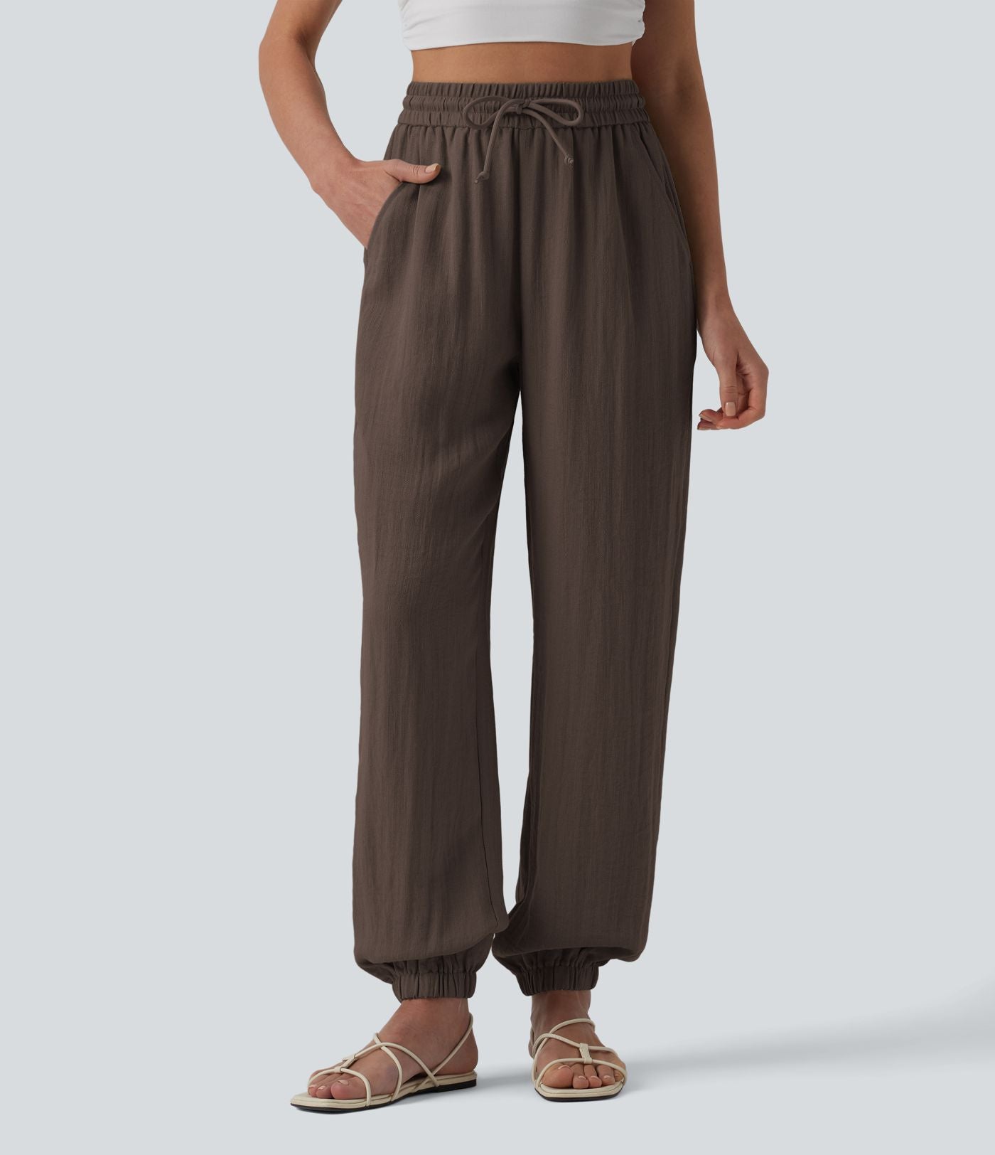 Jogging casual large ample taille haute aspect lin à cordon de serrage avec poches