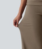 Pantalon ample décontracté en maille côtelée taille très haute rabattable avec poches
