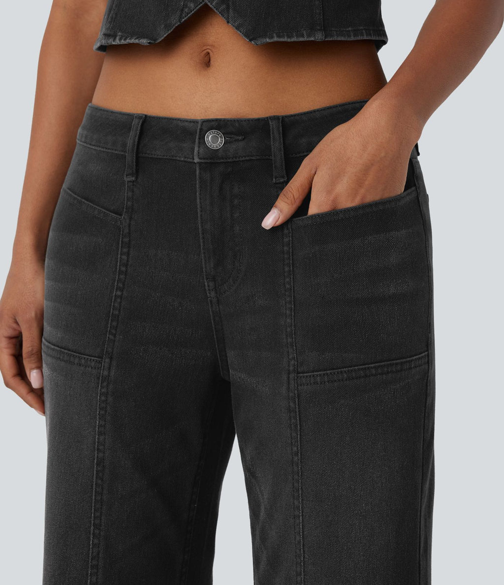 Jean bootcut délavé Halara Flex™ taille basse à poches multiples et fermeture zippée