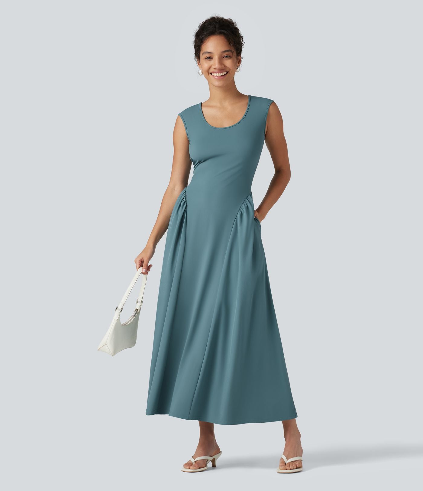 Robe longue casual fluide col U sans manches avec poches
