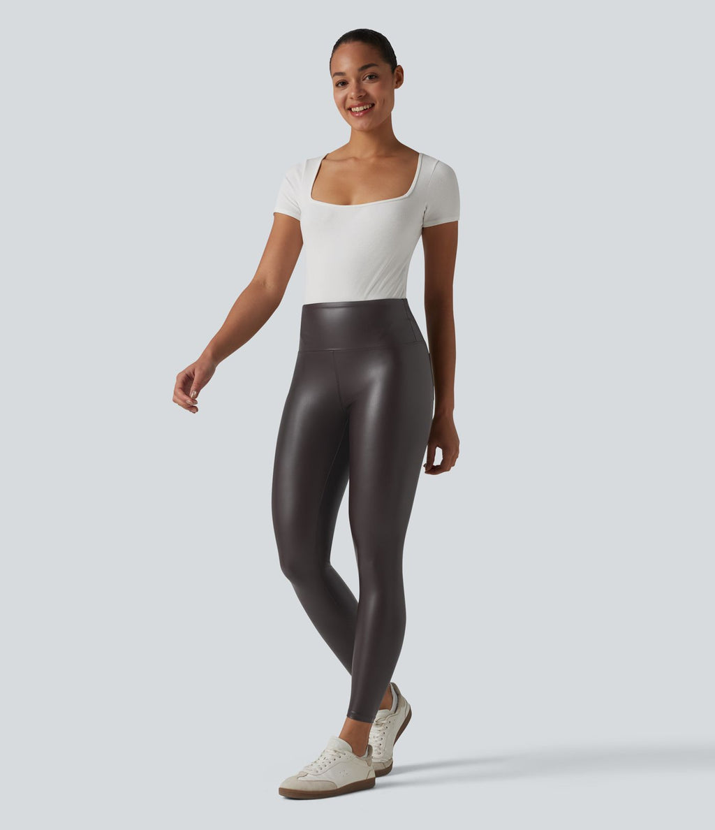 Legging casual 7/8 taille haute ventre plat en similicuir extensible, avec poches