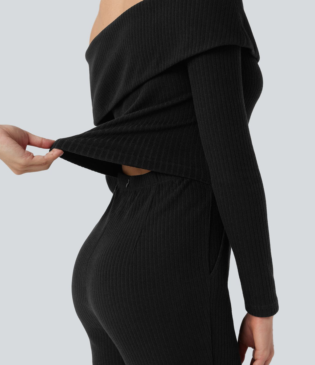 Combinaison décontractée évasée maille côtelée épaules dénudées ceinture rabattable manches longues avec poches - Édition Easy Peasy