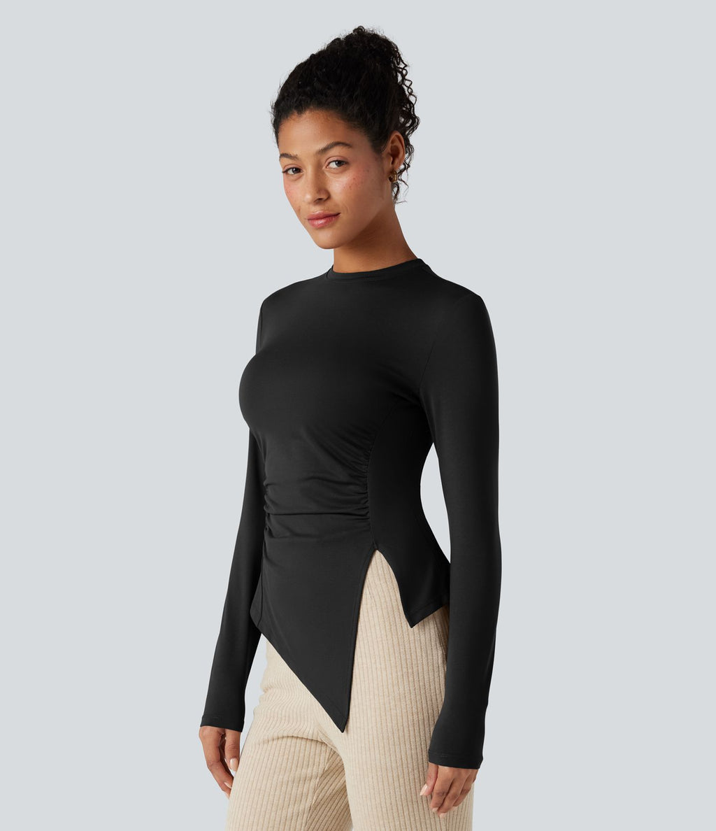 T-shirt froncé ourlet fendu manches longues