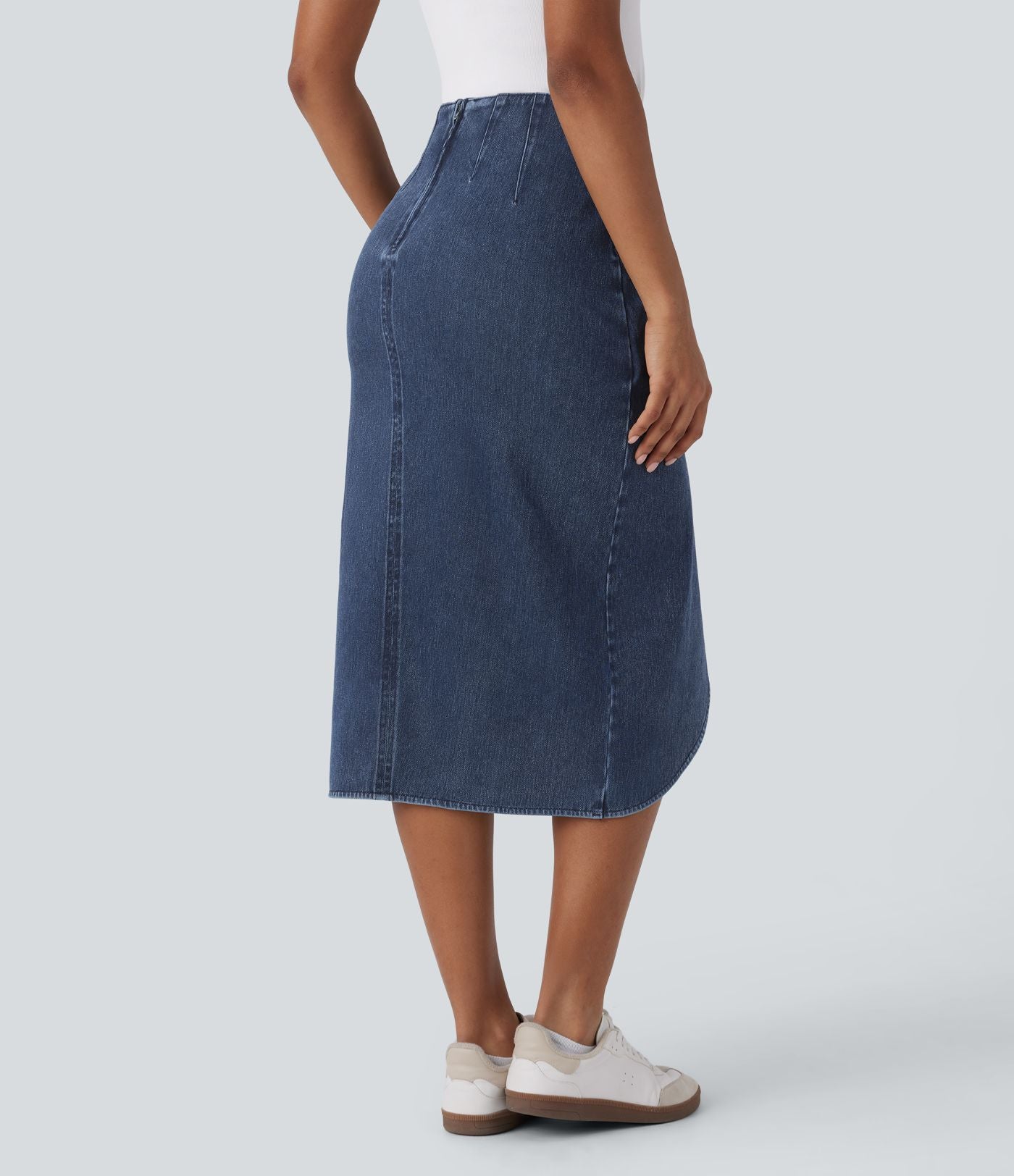 Halara Flex™ Jupe en Jean midi délavé taille haute avec zip dos, effet drapé et ourlet tulipe