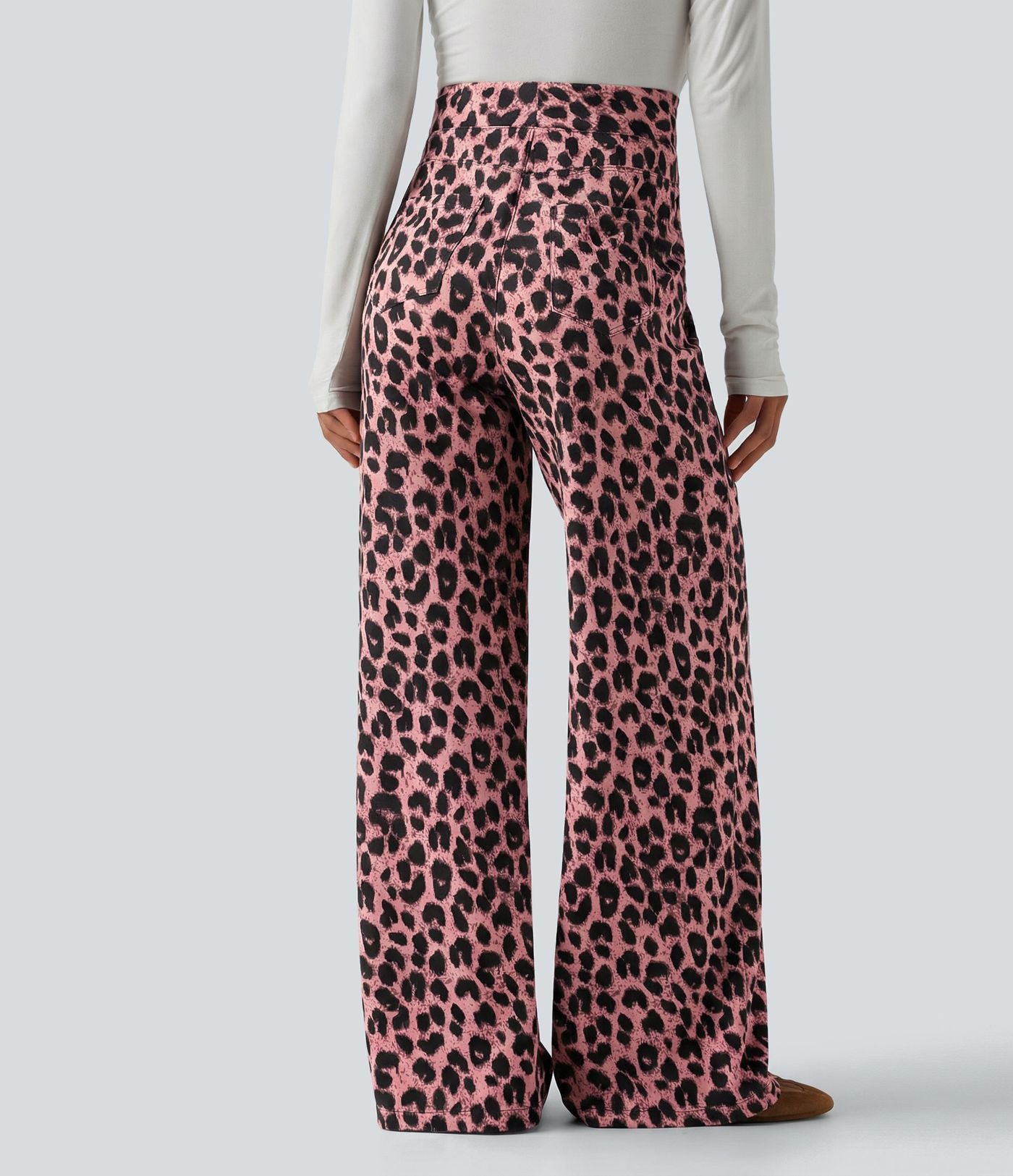 Pantalon large décontracté taille haute gaufré imprimé léopard avec poches