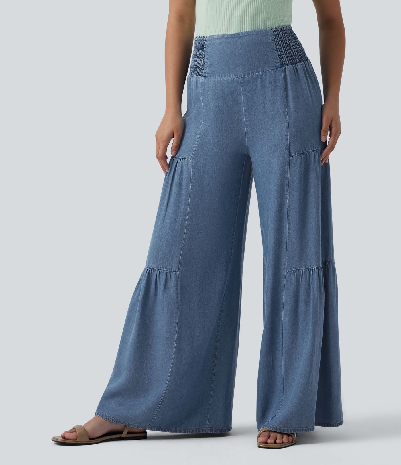 Jean large décontracté drapé taille haute en lyocell avec cordon de serrage et poches