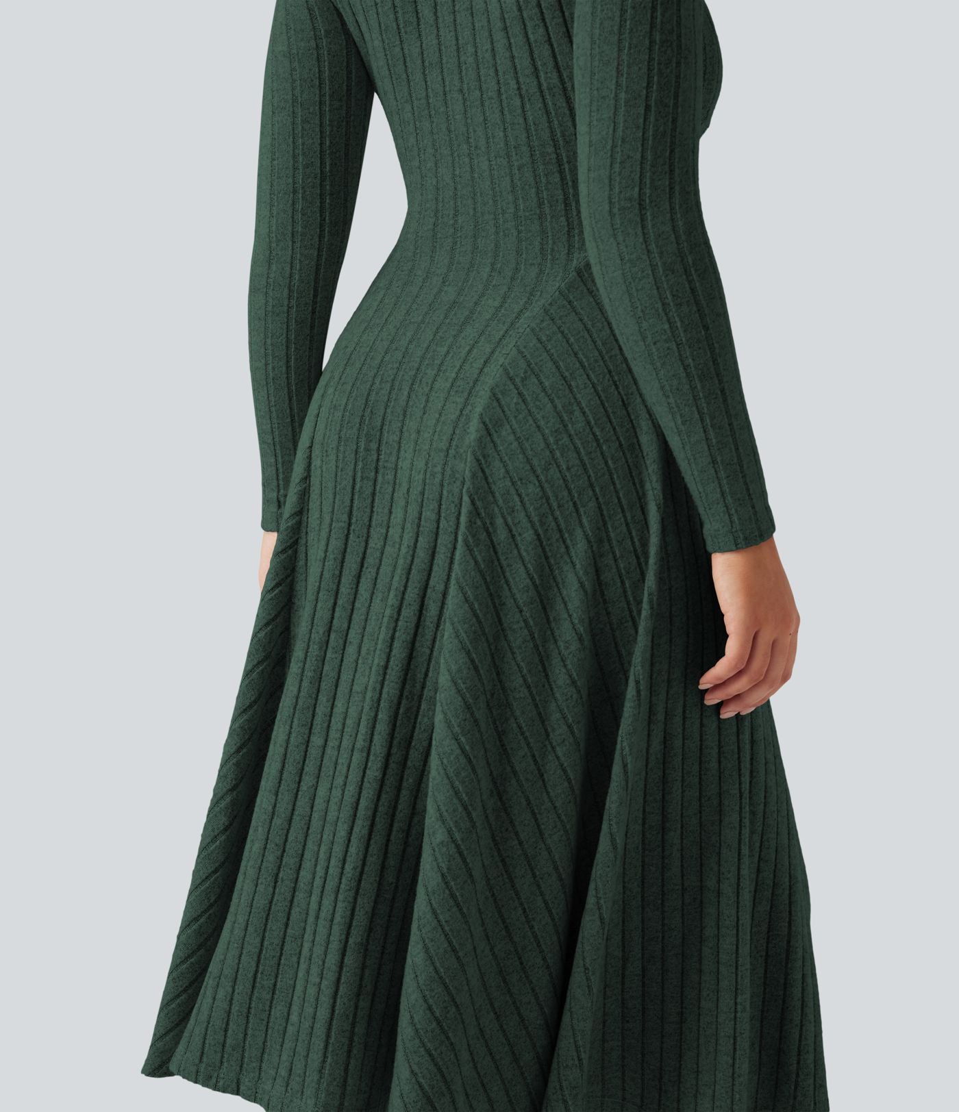 Robe mi-longue évasée maille côtelée à décolleté en V et manches longues