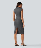 Robe midi moulante esprit bureau à motif, col montant et sans manches