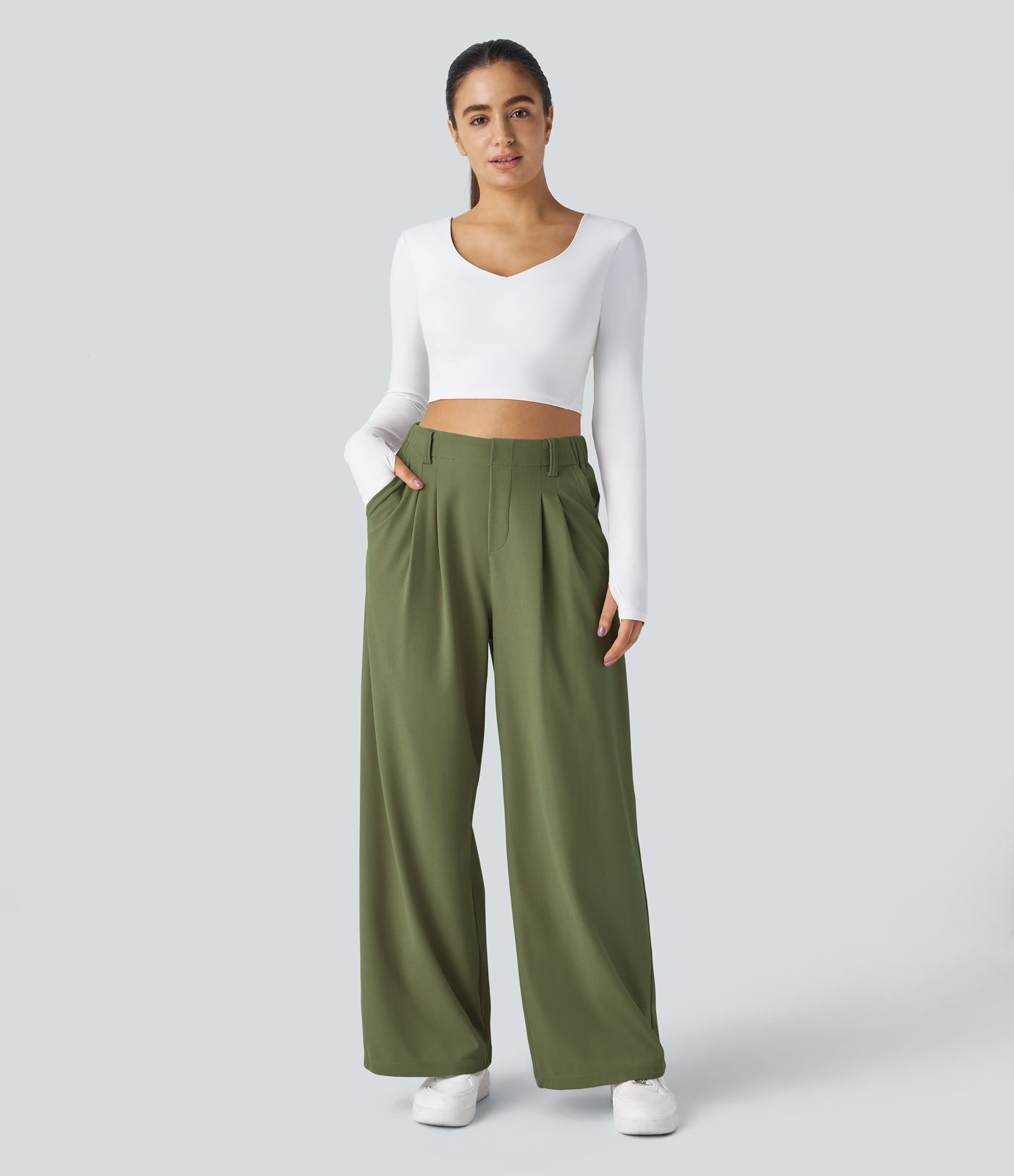 Pantalon Tailleur Large Fluide Halara Flex™ Gaufré Taille Haute Poches Latérales