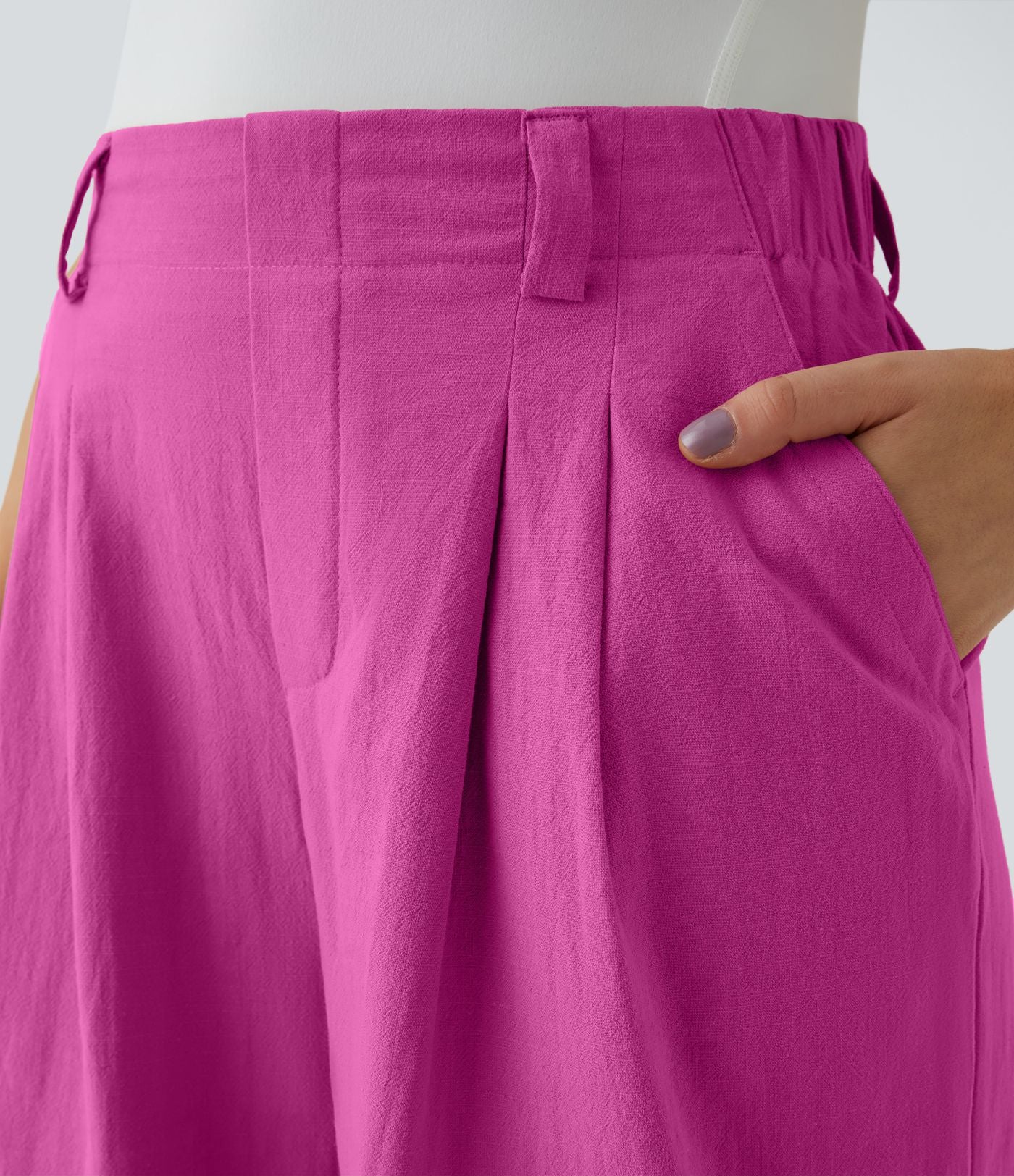 Pantalon Fluide Large Taille Haute Poches Latérales Palazzo Solide Casual Linen-Feel