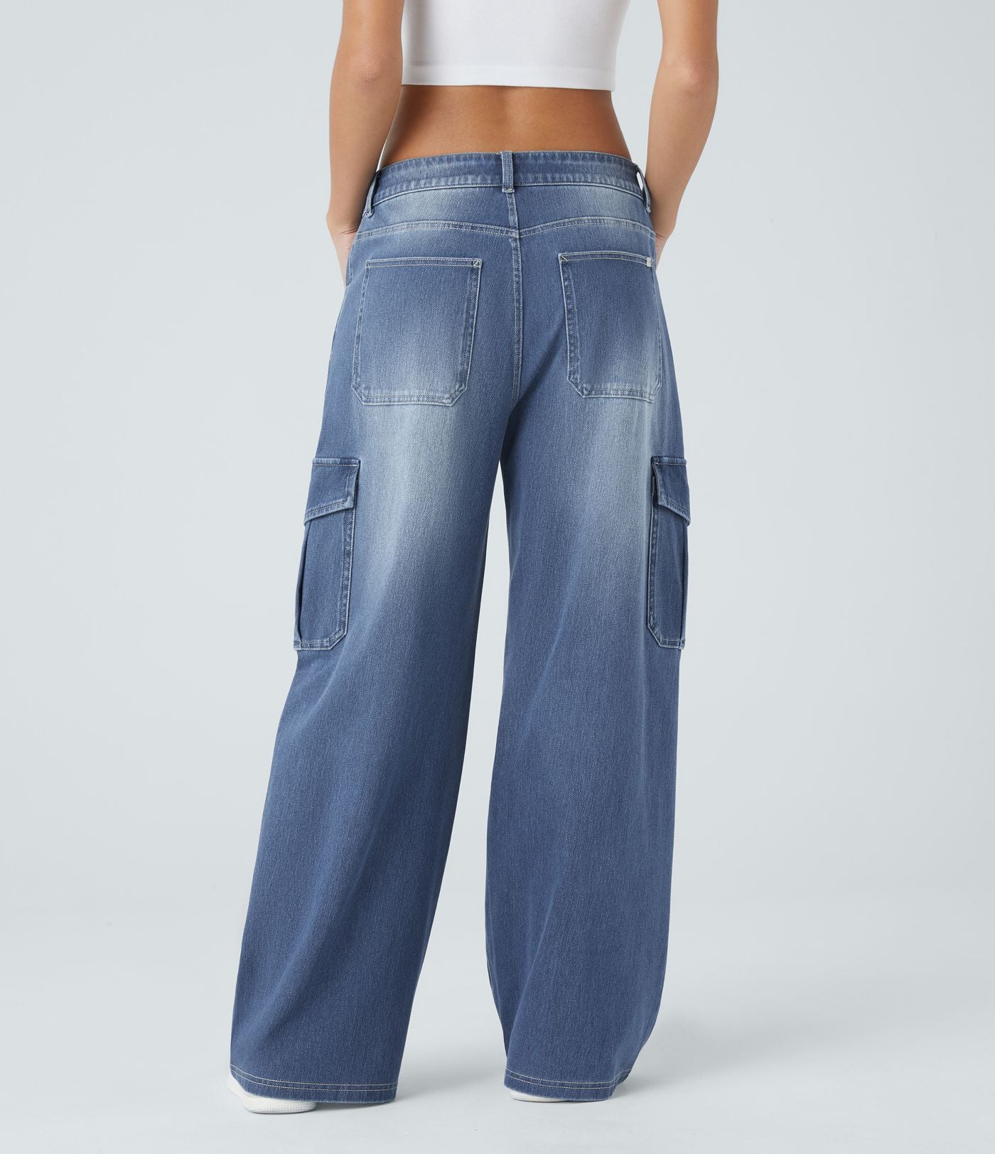 Jean cargo décontracté Halara Flex™ à taille basse, jambes larges, poches multiples et tissu extensible