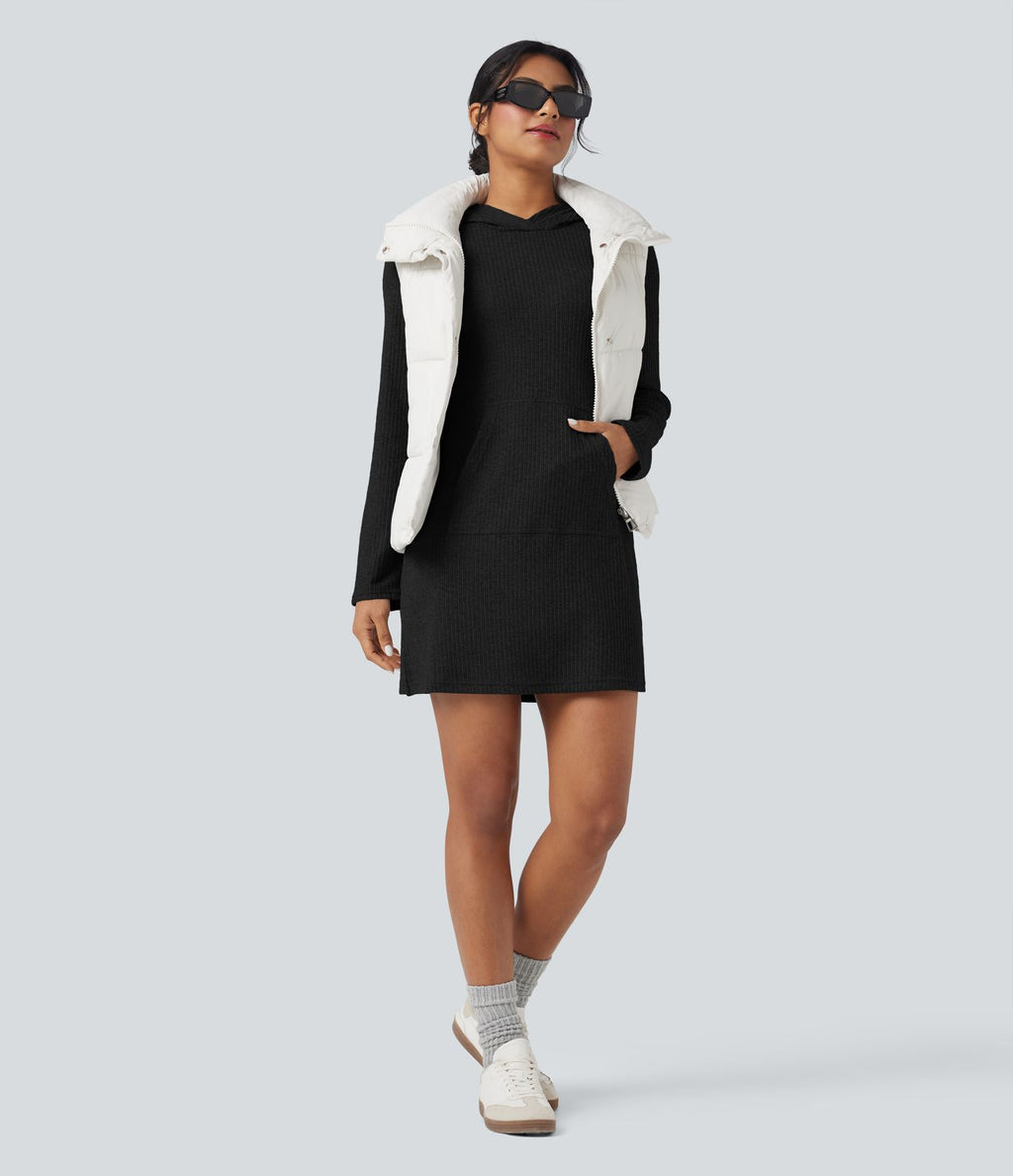 Robe active mini de randonnée maille côtelée à capuche manches longues avec poche