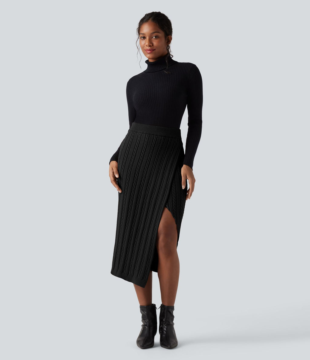 Jupe pull moulante mi-longue taille haute en maille torsadée avec fente