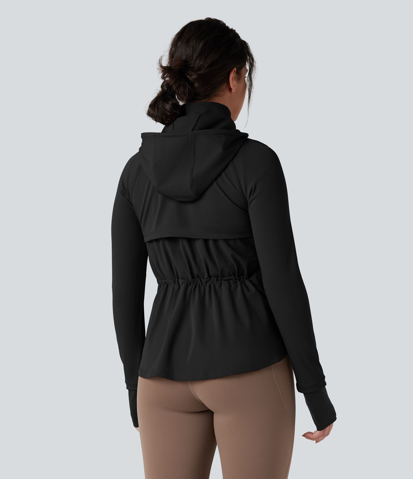 Veste randonnée capuche amovible double zip cordon de serrage avec trous pouces et poches
