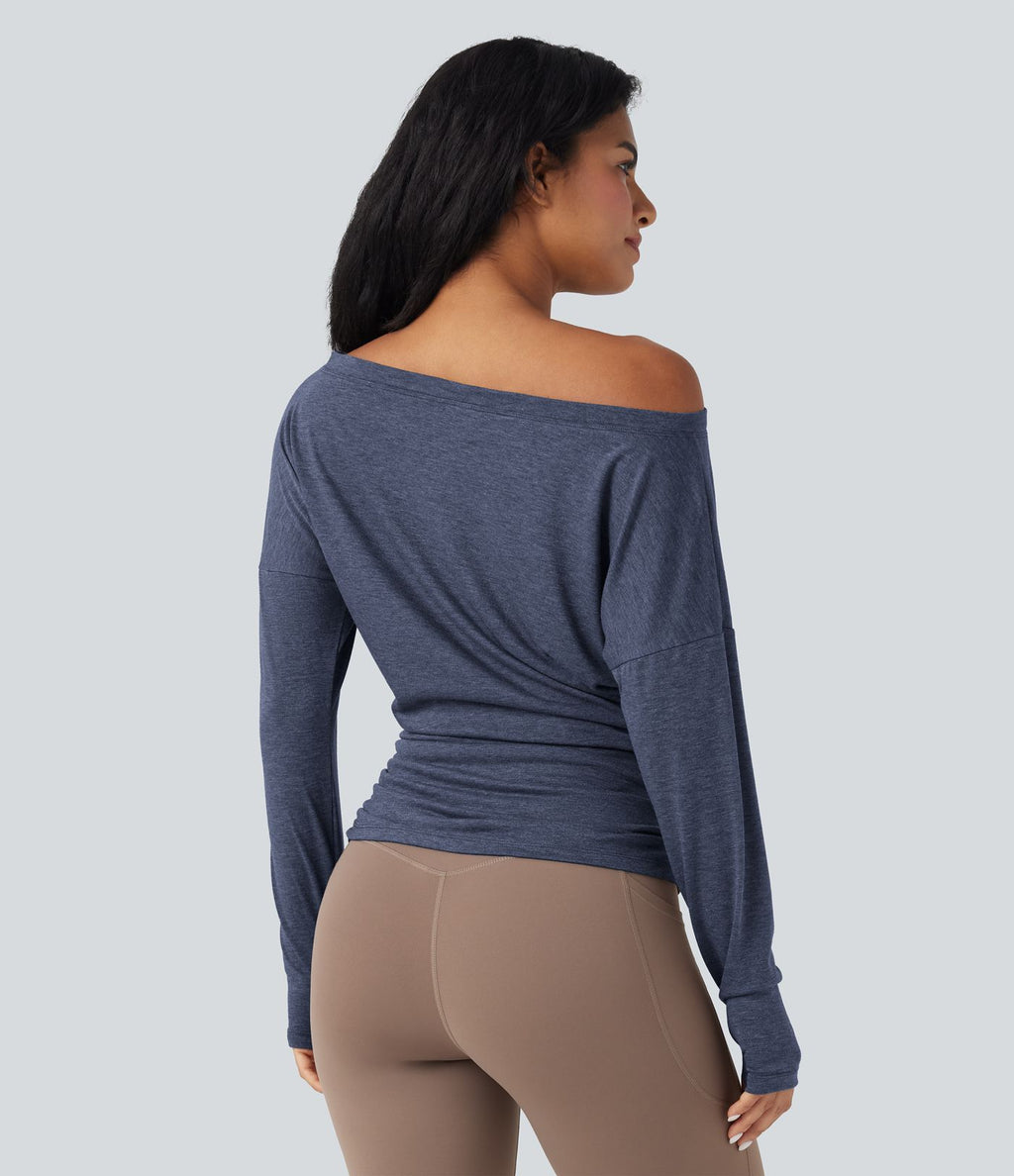 Haut de sport yoga asymétrique manches longues à trous pouces froncé