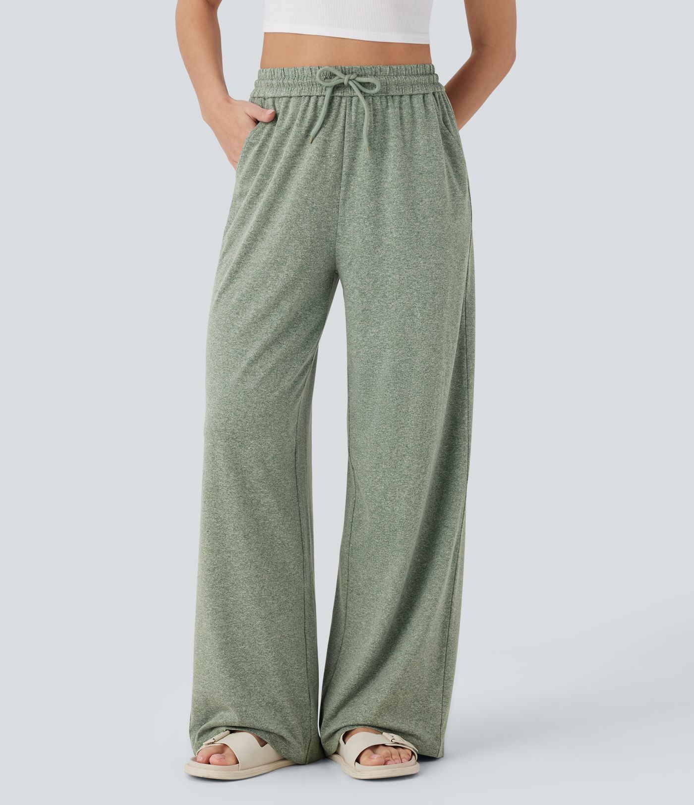 Pantalon large décontracté taille haute avec cordon de serrage et poches latérales
