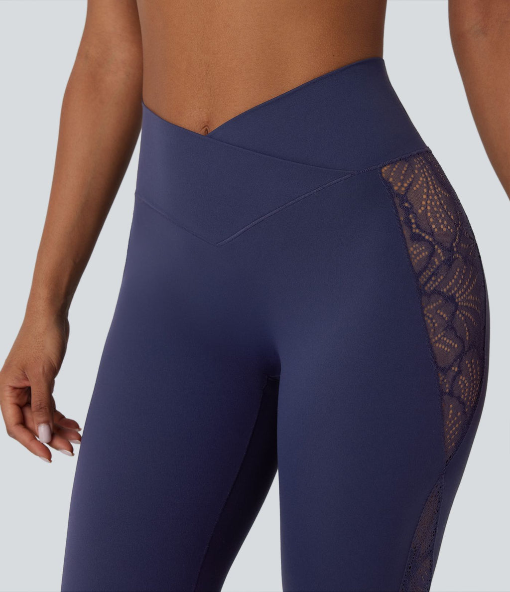 Legging de yoga Softlyzero™ taille haute avec design croisé, dentelle contrastée, sous-vêtement intégré, poche et protection UPF50+