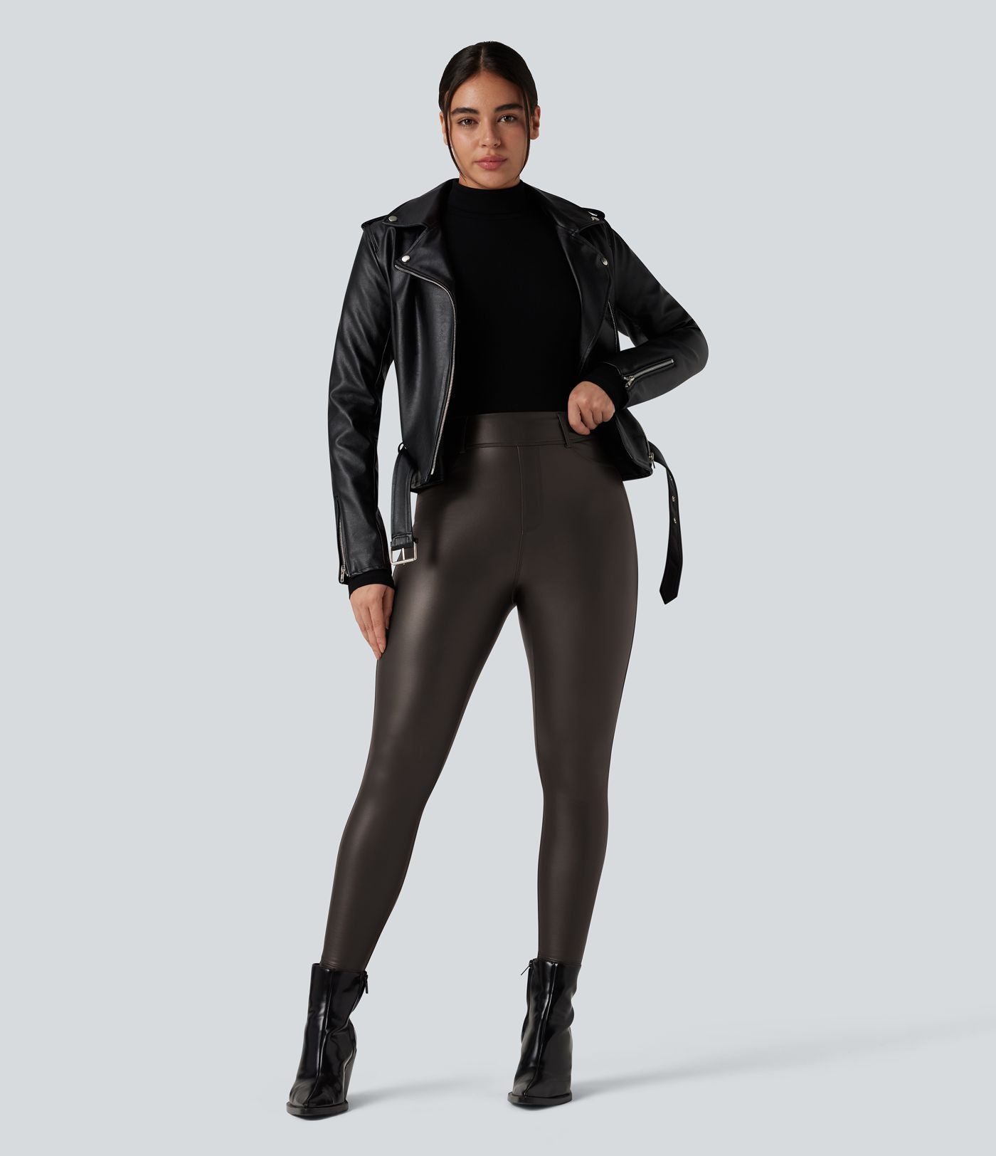 Pantalon polaire simili cuir extensible taille haute avec poches