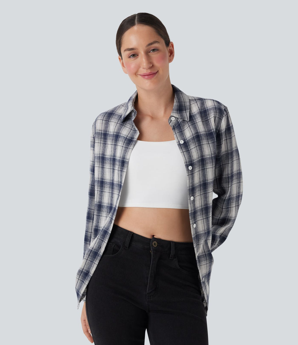 Chemise décontractée à motif écossais avec col, manches longues et boutonnage