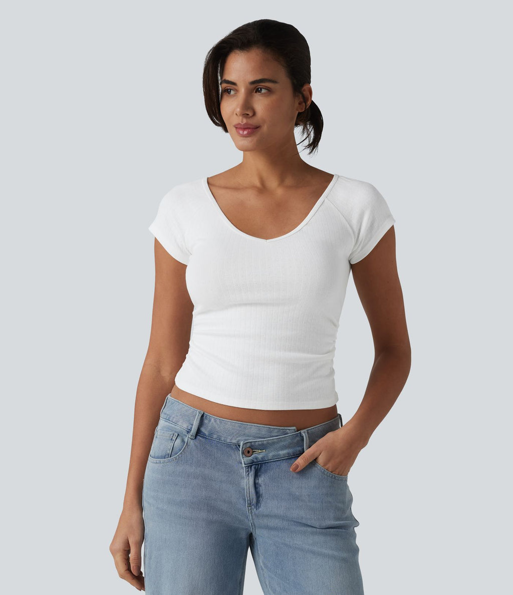 T-shirt col V manches courtes avec fronces