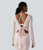 Haut de yoga à manches longues et bretelles croisées, toucher doux, protection solaire UPF50+