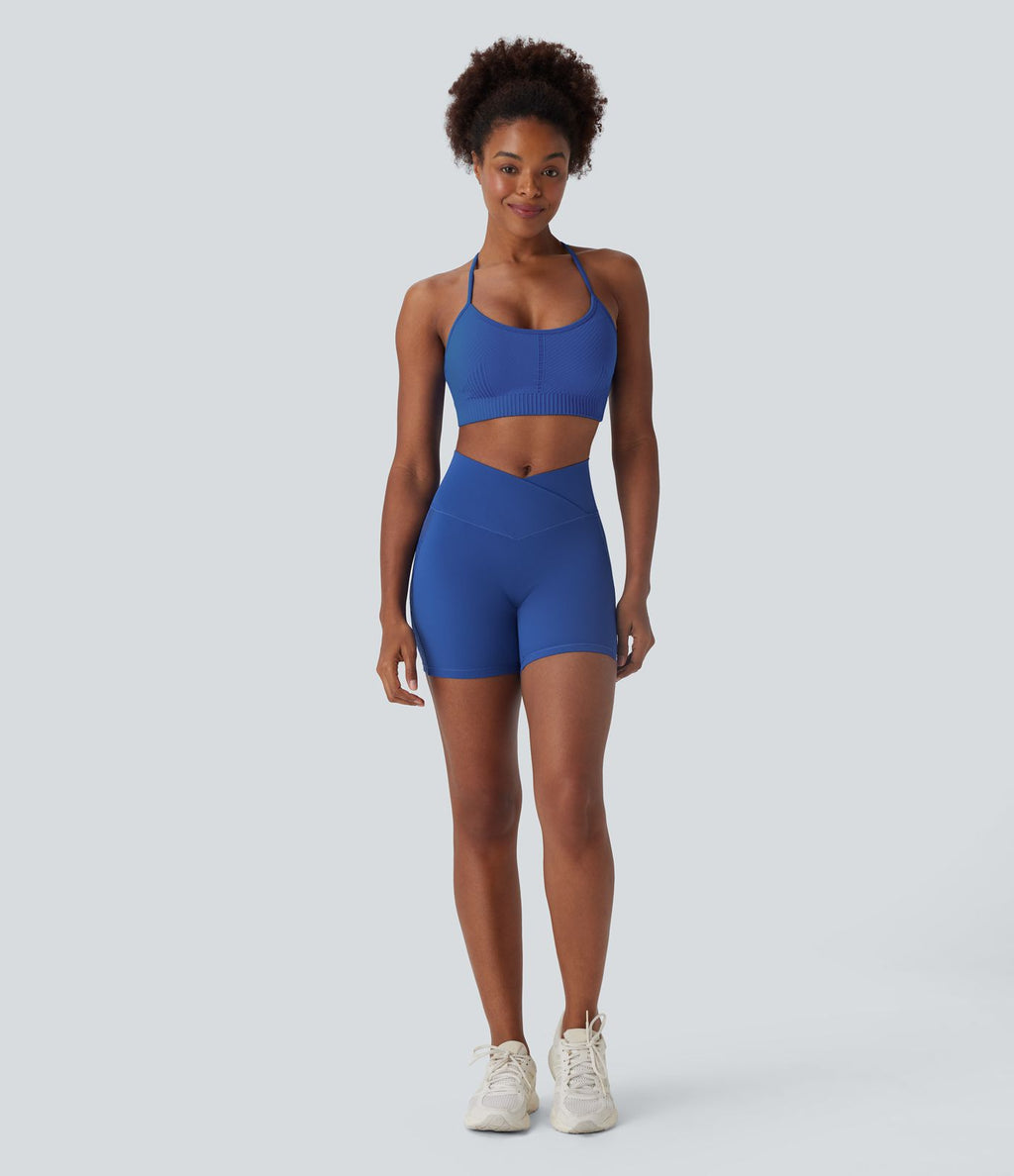 Softlyzero™ Short cycliste yoga taille haute croisé avec dentelle contrastée et poche arrière 12,5 cm - UPF50+