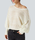 Pull ajouré col rond manches chauve-souris longues