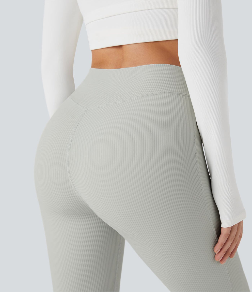 Pantalon Yoga Longs Taille Haute Évasés Fente en Tricot Côtelé
