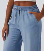Jean large décontracté drapé taille mi-haute en lyocell avec cordon de serrage et poches