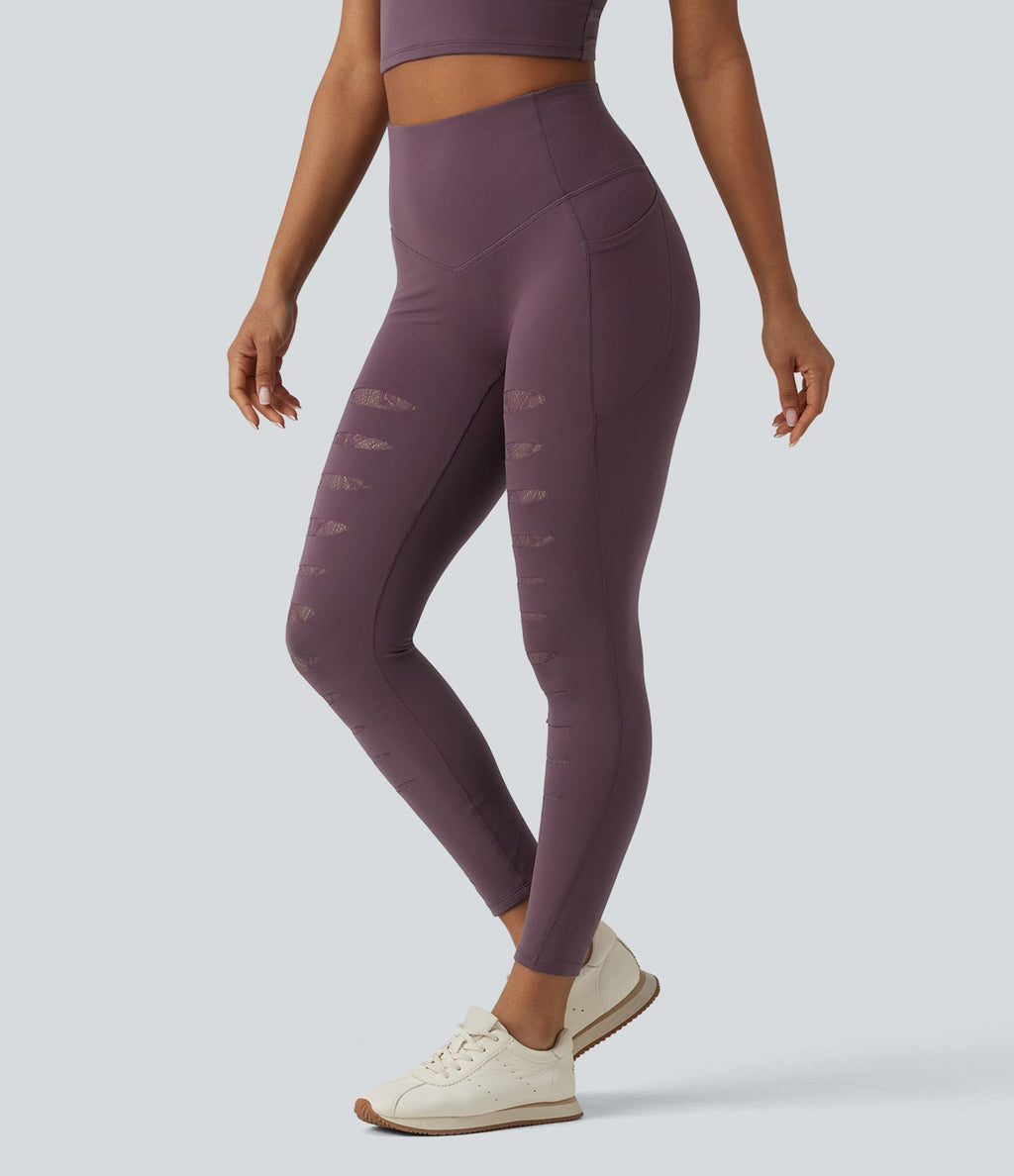 Legging de sport SoftlyZero™ taille haute avec empiècements en dentelle contrastée et poches – UPF 50+