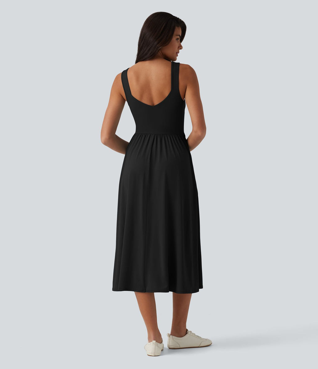 Robe midi fluide sans manches dos croisé, avec brassière intégrée (Bonnets E-G) et poches