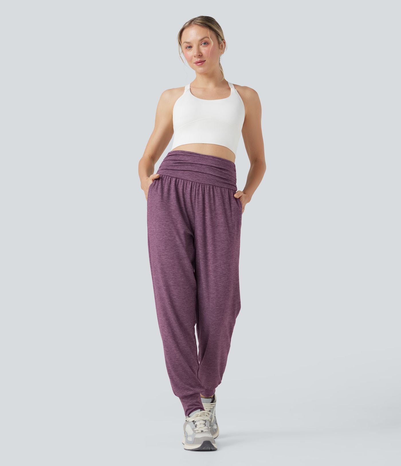 Jogging taille haute froncé chiné avec poches