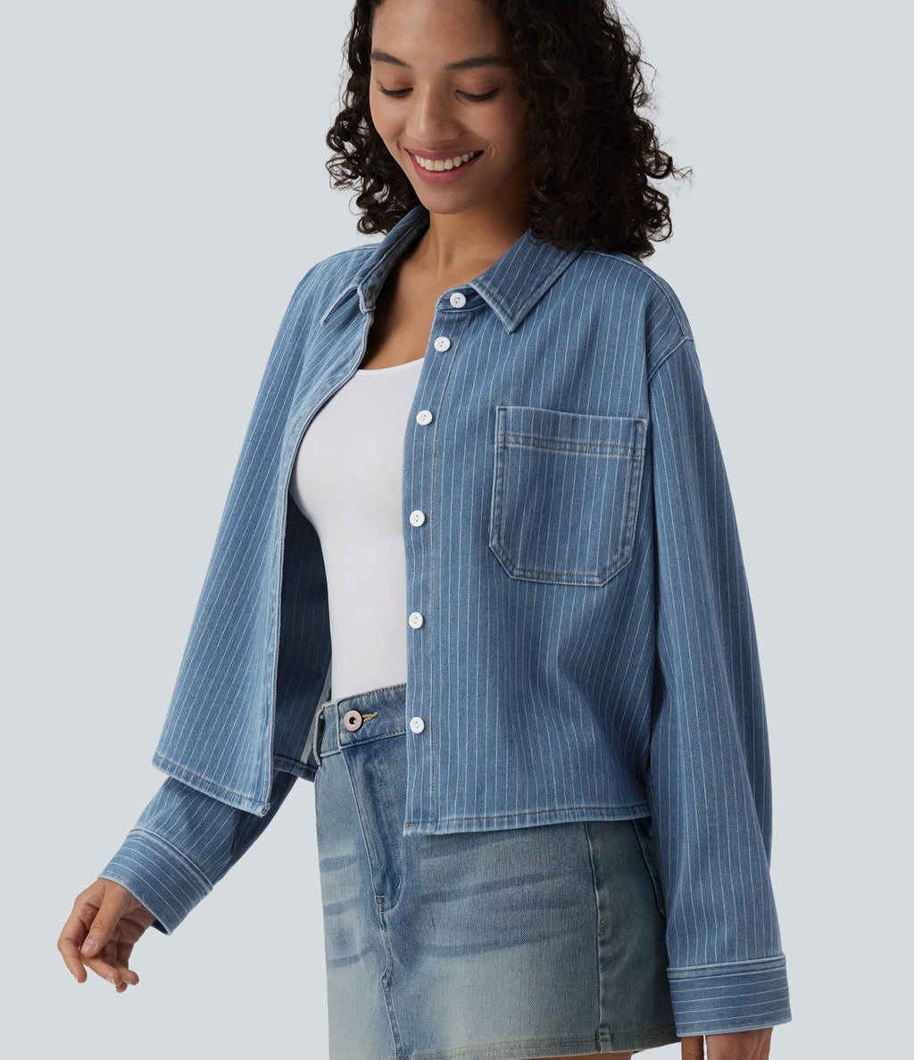 Halara Flex™ Chemise casual rayée en denim à manches longues avec poche