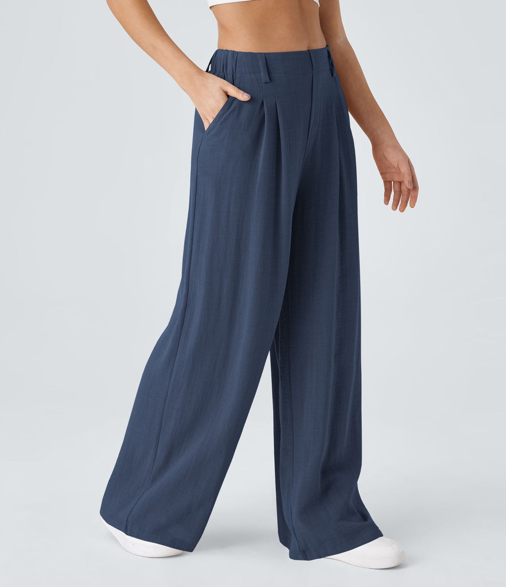 Pantalon Fluide Large Taille Haute Poches Latérales Palazzo Solide Casual Linen-Feel