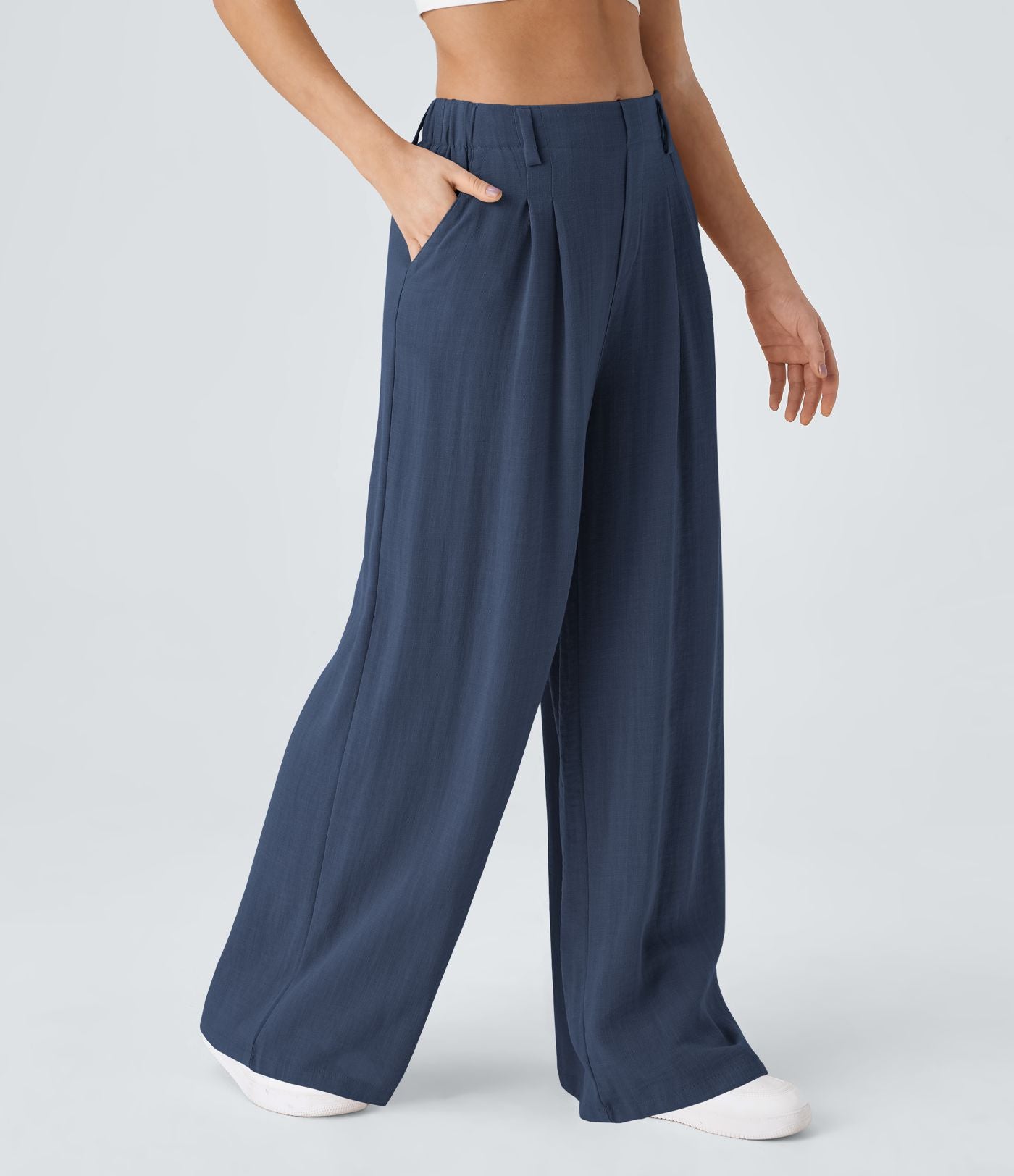 Pantalon Fluide Large Taille Haute Poches Latérales Palazzo Solide Casual Linen-Feel