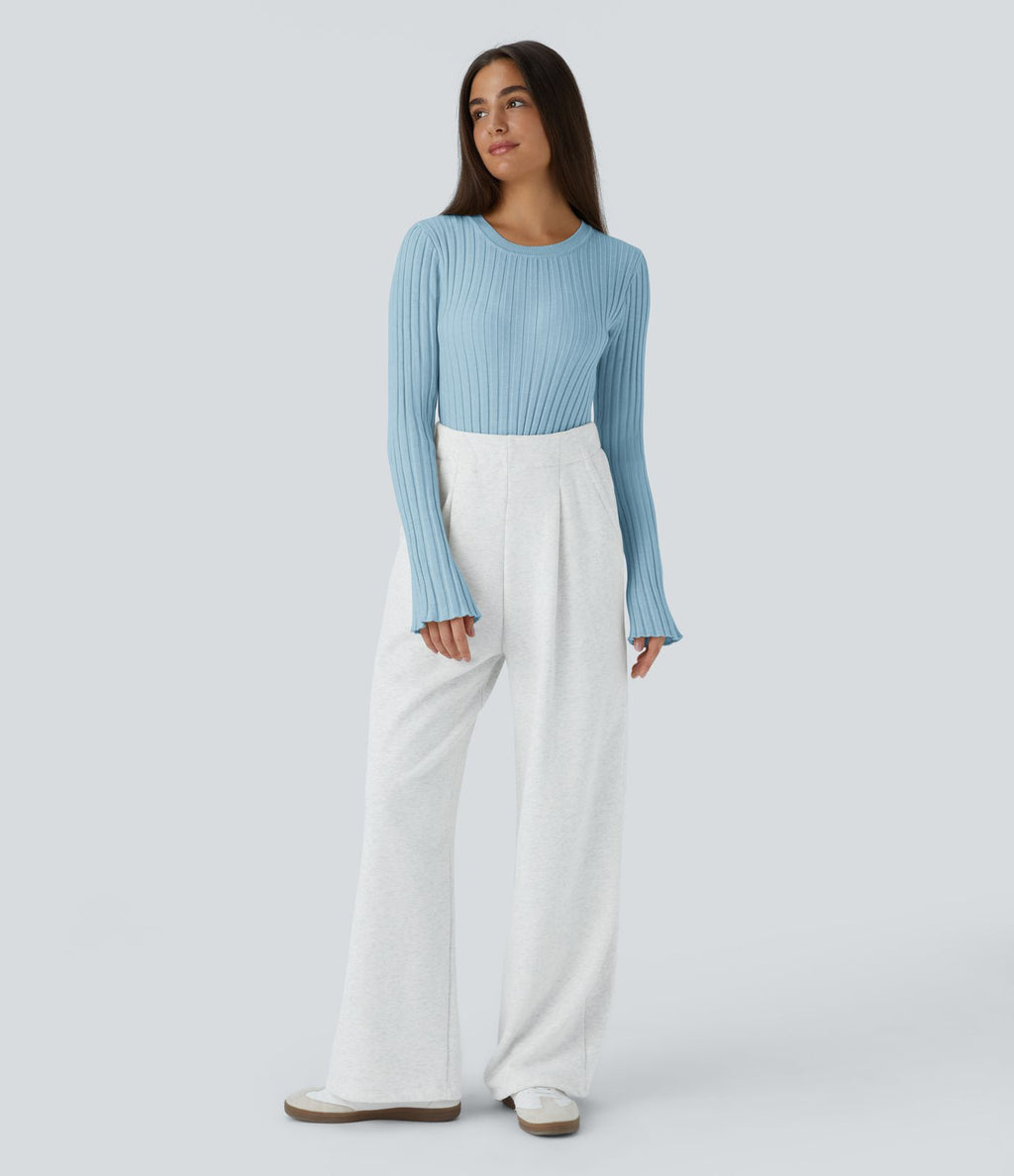 Pull Décontracté à Col Rond, Manches Longues et Volants