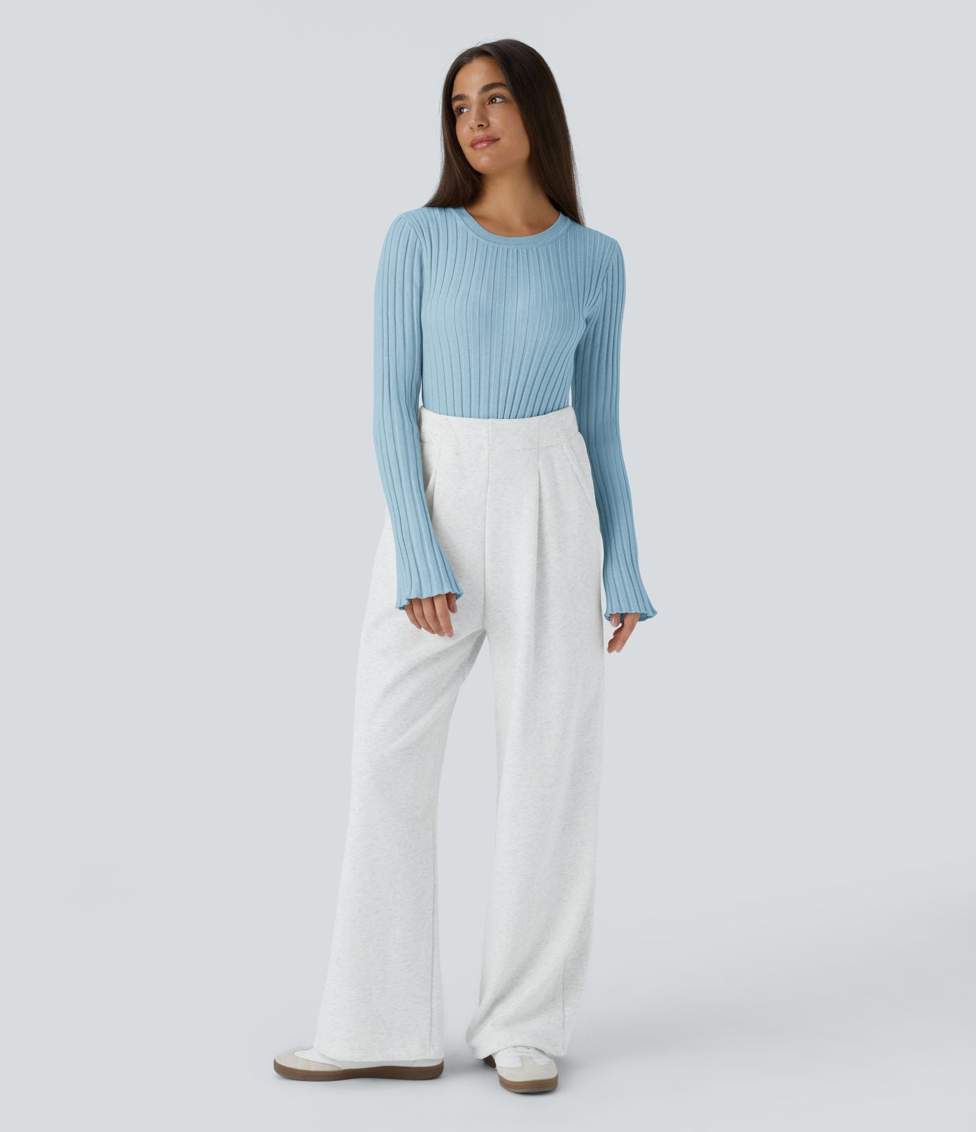 Pull Décontracté à Col Rond, Manches Longues et Volants