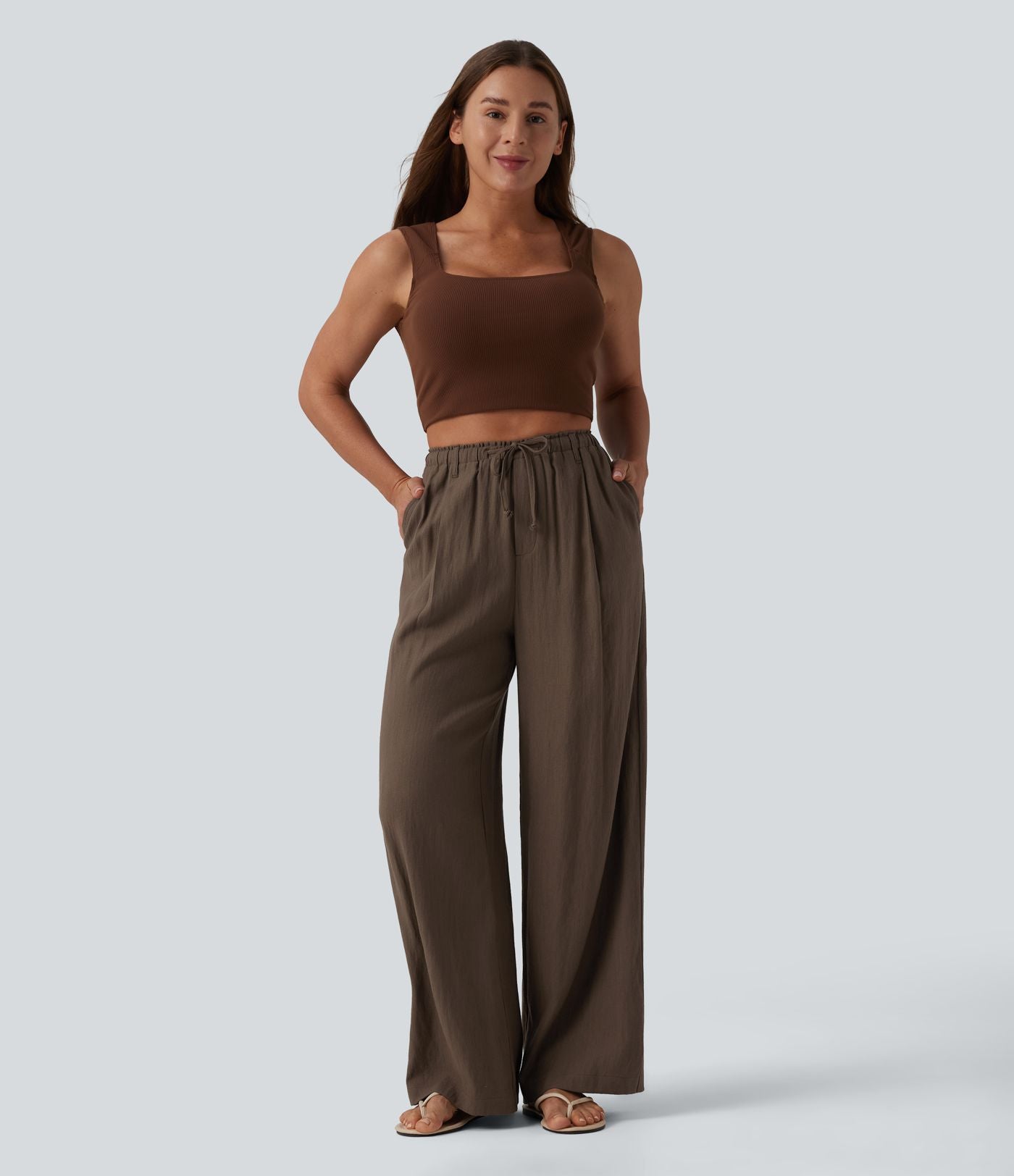 Pantalon casual ample taille haute aspect lin à cordon de serrage avec poches