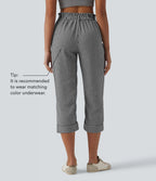 Pantalon 7/8 décontracté aspect lin à carreaux taille haute avec poches