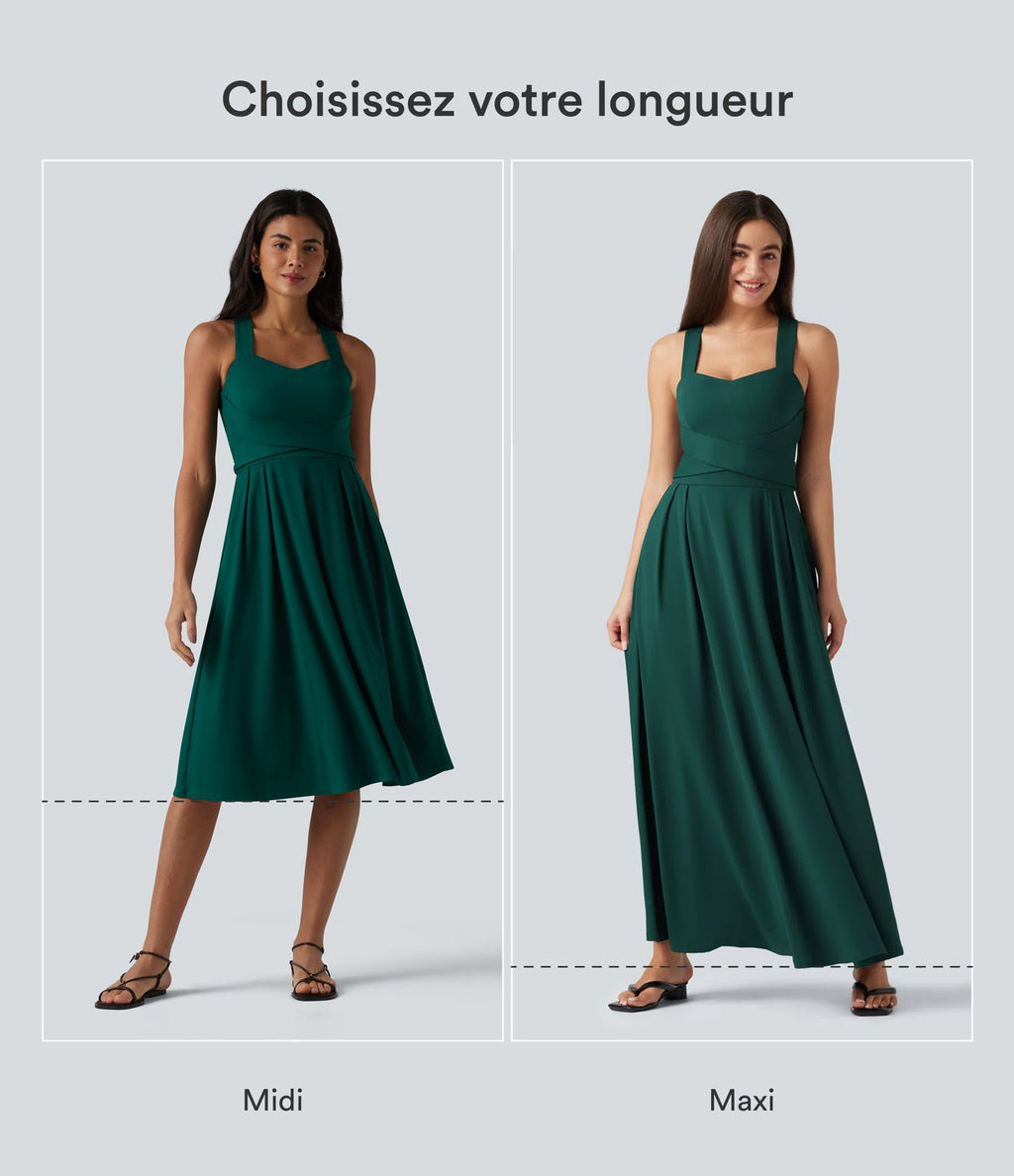 Robe midi fluide sans manches décolleté cœur avec bretelles croisées, nœud dans le dos et poches