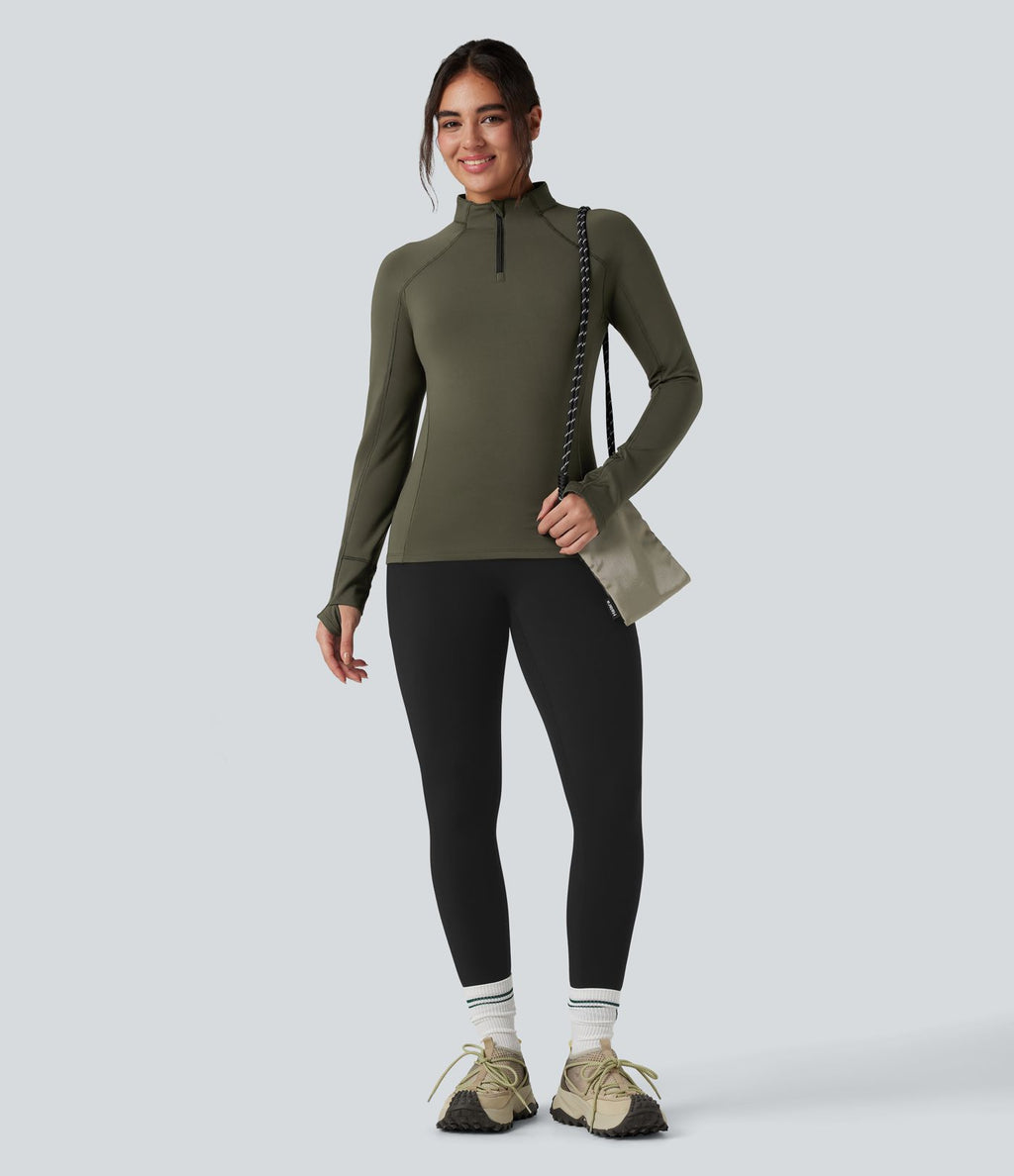 Top de sport randonnée polaire col montant demi-zip manches longues avec trous pouces