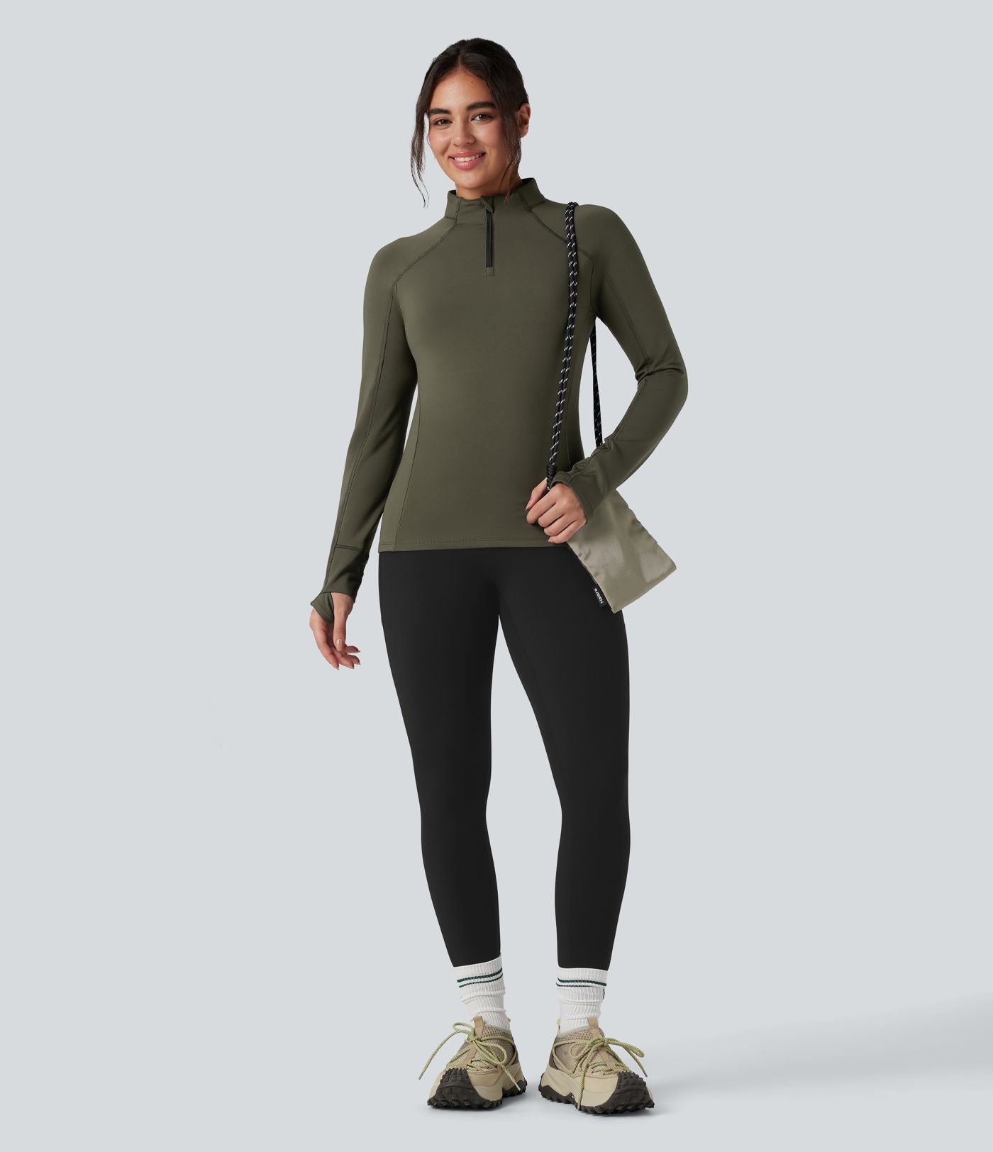 Top de sport randonnée polaire col montant demi-zip manches longues avec trous pouces
