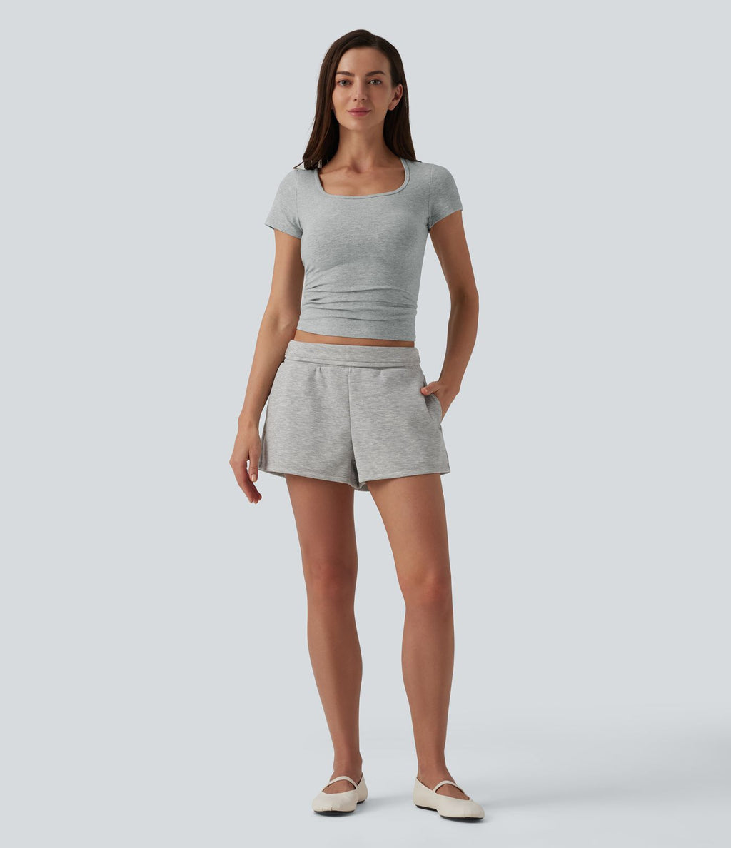 T-shirt Halara décontracté en jersey de coton, col carré, manches courtes, coupe ultra-ajustée effet chiné