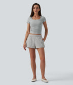 T-shirt Halara décontracté en jersey de coton, col carré, manches courtes, coupe ultra-ajustée effet chiné