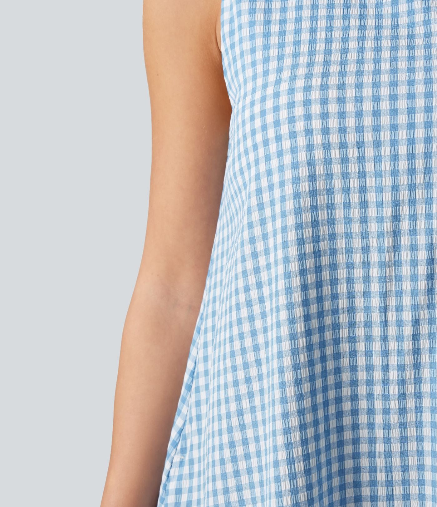 Robe débardeur midi décontractée à col rond sans manches avec soutien-gorge intégré en tissu froissé vichy avec poches