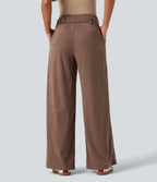 Pantalon décontracté large en velours côtelé avec ceinture, taille haute, avec poches