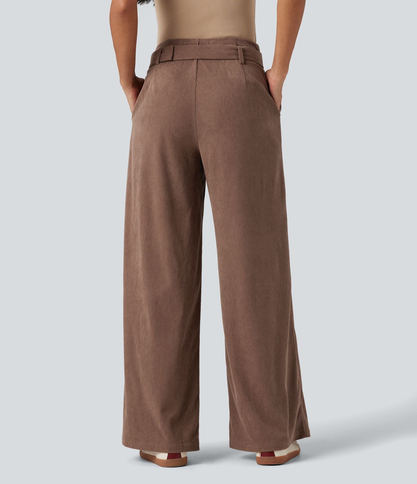 Pantalon décontracté large en velours côtelé avec ceinture, taille haute, avec poches