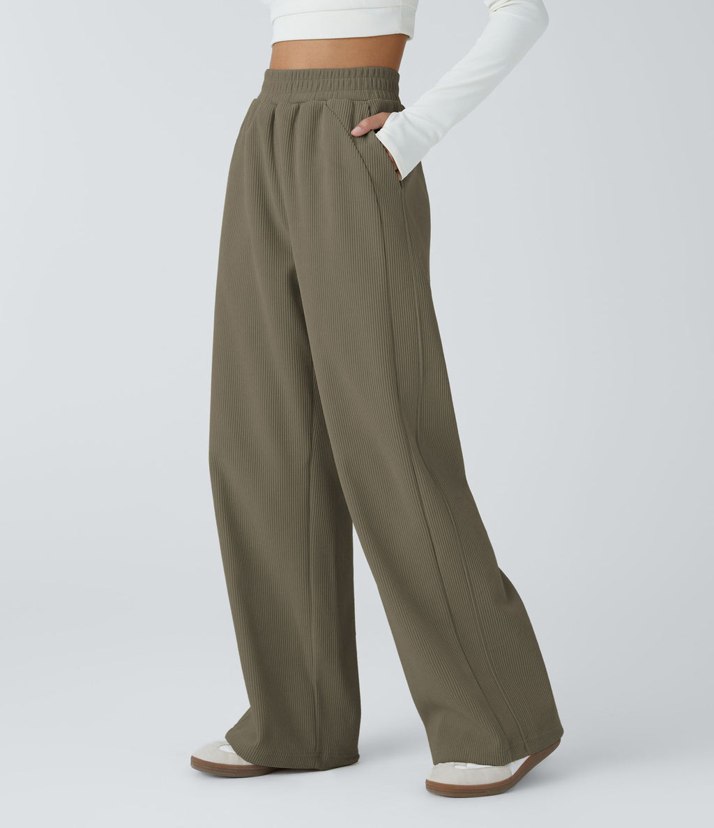 Pantalon velours côtelé de jogging décontracté à taille haute avec poches latérales